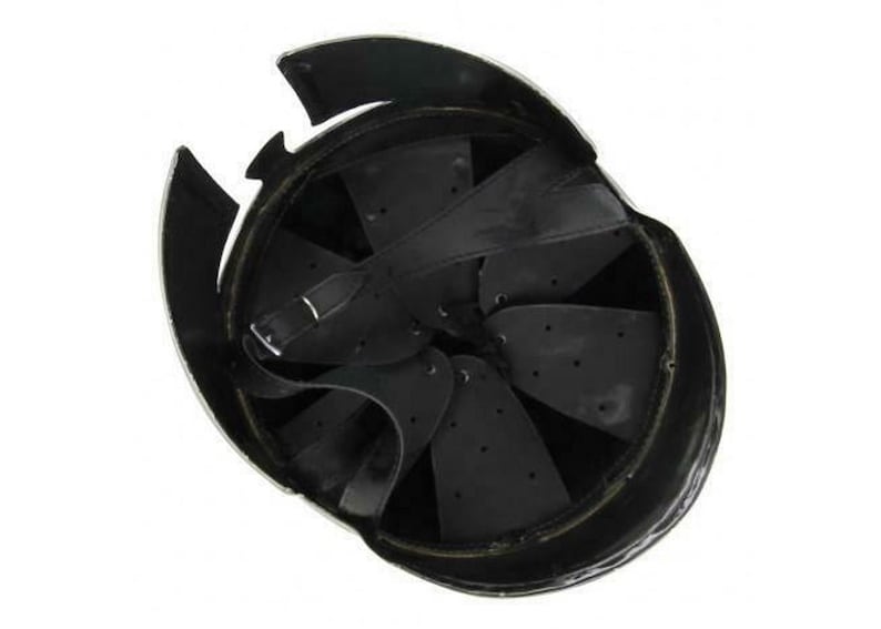 May include: Overhead view of a black and silver helmet, likely for historical reenactment or costume use. The helmet features a rounded shape with a prominent brow and cheek guards. Interior shows black leather padding and straps.