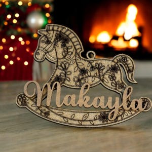 Wooden Rocking Horse Ornament: Floral Engraved Christmas Decor
