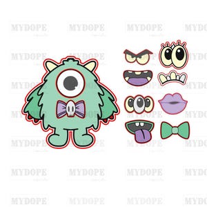 May include: A green monster with one eye, a bow tie, and a skull and crossbones design. The monster is surrounded by various facial features, including eyes, mouths, and noses, that can be used to create different expressions.