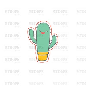 May include: A green cactus with a smiling face and a yellow pot. The cactus has two arms and is outlined in red.