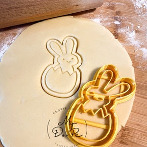 Pu&ograve; includere: Tagliapasta in plastica gialla a forma di coniglio che esce da un uovo. Il tagliapasta &egrave; sopra un foglio di pasta per biscotti non cotta. Il tagliapasta ha il testo "My Do Pe" e "Cookie Cutter Family Made".