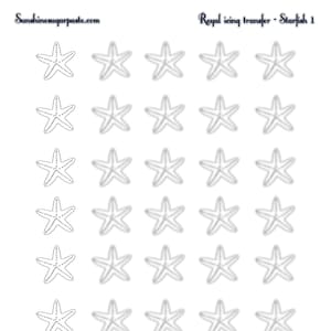 May include: A sheet of royal icing transfers featuring starfish designs. The sheet includes multiple starfish in various stages of detail, from outlined to filled. The text "Sunshine sugarpaste.com" and "Royal icing transfer - Starfish 1" are visible.