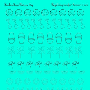 May include: A turquoise background features black line drawings of summer-themed items. These include beach balls, shovels, buckets, pinwheels, umbrellas, watermelon slices, suns, swimsuits, and palm trees. Text at the top reads "Sunshine Sugar Paste on Etsy" and "Royal icing transfer Summer 1 mini."