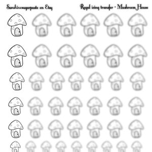 Puede incluir: Ilustración en blanco y negro de transferencias de casas de hongos. Las casas de hongos tienen una puerta y detalles en forma de corazón en la tapa. El texto "Sunshinesugarpaste on Etsy" y "Royal icing transfer - Mushroom House" son visibles.