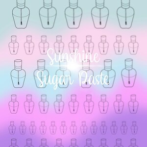 May include: A sheet of 36 black and white outline images of nail polish bottles. The images are arranged in rows and columns. The text "Sunshine Sugar Paste" is in the center of the sheet.