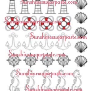 May include: A printable sheet of nautical themed images for use with edible sugar paste. The sheet includes images of lighthouses, life preservers, anchors, compasses, and seahorses.