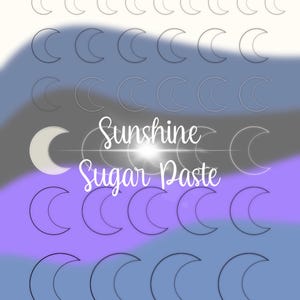 May include: A sheet of white paper with a grid of 36 crescent moon shapes printed in black. The text "Sunshine Sugar Paste" is printed in white on a black background in the center of the sheet. The text "Royal Icing Transfer - Moon" is printed in black at the top of the sheet.