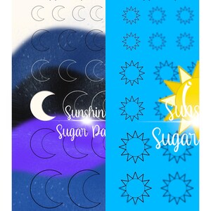 May include: Two rows of moon and sun sugar paste cookie cutters. The moon cutters are white and the sun cutters are black. The background is a blue and purple ombre with white stars. The text "Sunshinesugarpaste on Etsy" is at the top of each column.