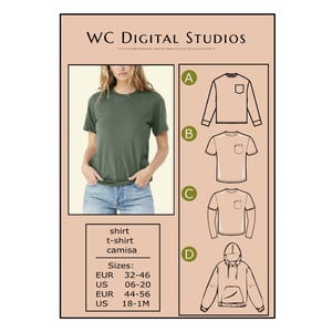 May include: An olive green t-shirt is modeled in the image. The image also includes illustrations of long-sleeve shirts, t-shirts, and a hoodie. Text on the image includes "WC DIGITAL STUDIOS", "shirt", "t-shirt", "camisa", and size charts.