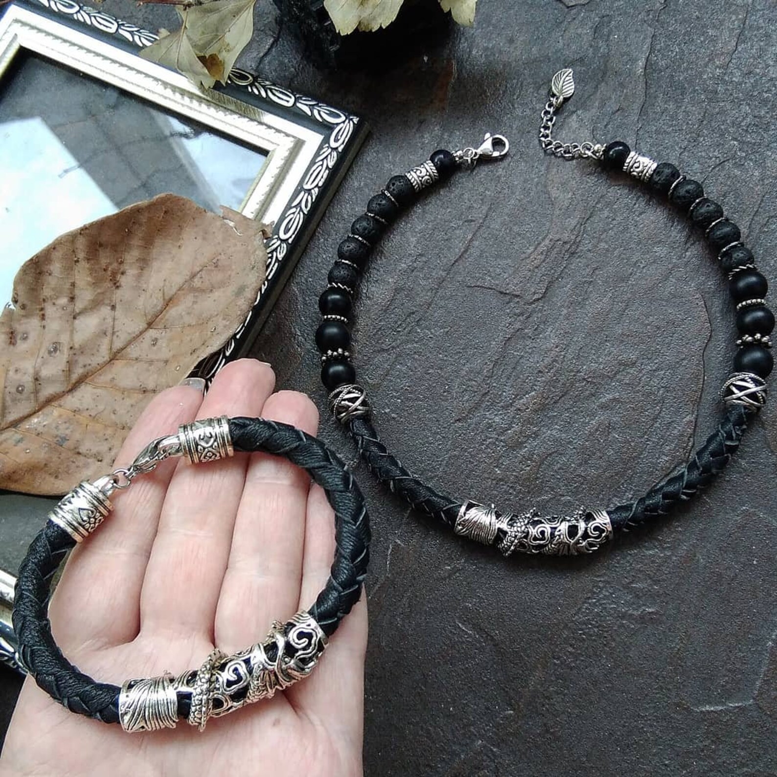 Leather Choker Bracelet Set Etsy