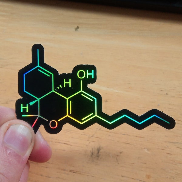 Holographic THC Weed Molecule Sticker. Stoner Sticker. Weed Sticker