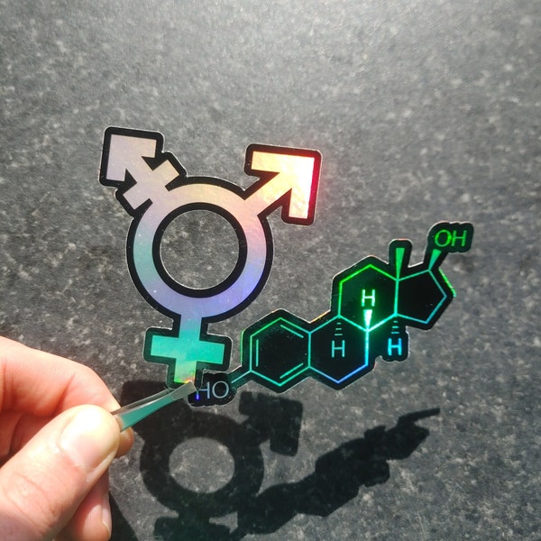 Holographic Transgender symbol and Testosterone or Estrogen Chemical Sticker