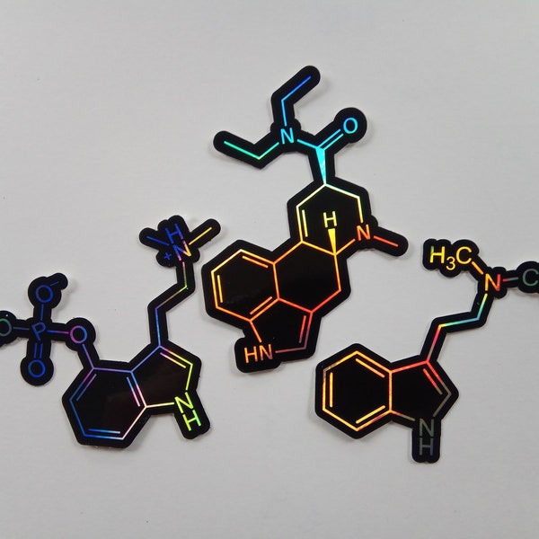 Psychedelic Holographic chemical sticker set. Psilocybin. LSD and DMT