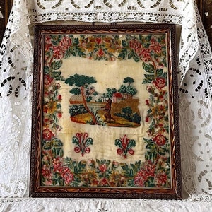 Rare. Antique 19th century Cross Stitch Under Glass in an Antique Wooden Frame, Crow and Fox fable french needlepoint, Victorian embroidery.
