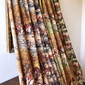 Pair of cotton antique Bevis Tarporley French Curtains panels, Window curtains with Hunting print, Blackout curtains, Antique textile.
