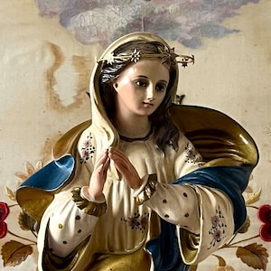 Antique catholic Virgin Mary statue, Virgin Mary bust, Immaculate Conception of Virgin Mary sculpture, Mother Mary statue, Catholic art.