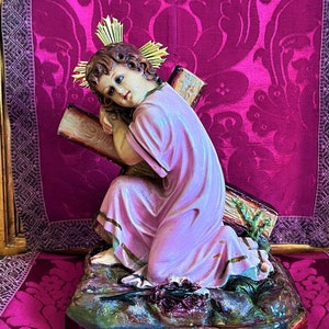 Antique child Jesus Christ on the cross statue, Passionary Child Jesus, Catholic religious statuary.