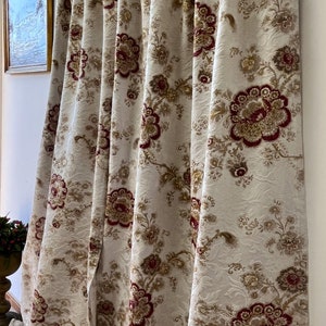 Pair of French antique curtain panels, Ivory window curtains with red flowers, Vintage blackout curtains, Antique brocade fabric.