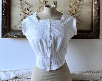 Antique white cotton cropped sleeveless blouse, Edwardian lace blouse, Victorian top for women, Historical costume.