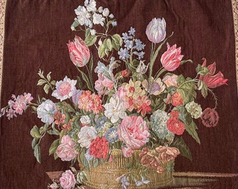 Vintage french flower tapestry, Silk embroidered cotton tapestry, Tapestry wall art.