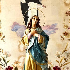 Estátua antiga da Virgem Maria católica, escultura da Imaculada Conceição da Virgem Maria, estátua da Mãe de Deus.
