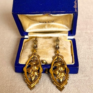French antique gold plated dangle earrings, Victorian sleeping earrings, Vintage bridal earrings, Victorian jewelry.