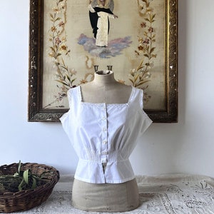 Antique white cotton cropped sleeveless blouse, Edwardian lace blouse, Victorian top for women, Historical costume.