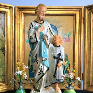 Antique Saint Joseph with child Jesus polychrome plaster figurine, Holy family statue, Christian art
