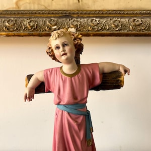 Antique child Jesus Christ on the cross statue, Passionary Child Jesus, Catholic religious statuary.