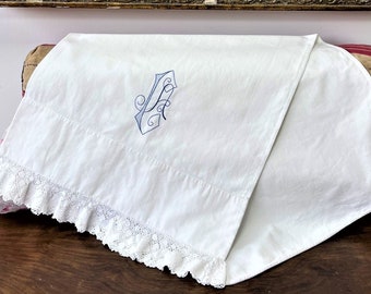 Antique French Pillow Case, White cotton pillow case with CA monogram and handwork crochet lace, French country Pillow sham.