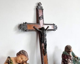 Rare antique large  wood crucifix with Jesus Christ brass figure, 67 cm, Catholic home altar.