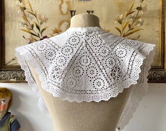 Vintage abnehmbarer Spitzenkragen, Antiker französischer weißer Baumwollkragen, viktorianischer Kragen, Edwardian Kragen, historisches Kostüm.