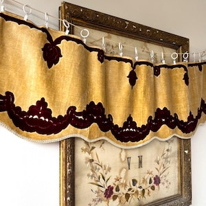 Large Antique beige and red cotton window valance, 1960s, Vintage plush curtain with fringe, Cotton window valance, Antique textile.