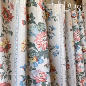 Pair of cotton antique French Curtains panels, Window curtains with printed flowers, Shabby chic curtains, Antique textile.