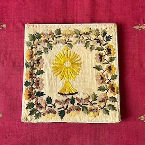 Antique Ecclesiastical Embroidery golden chalice, Hand embroidered altar chalice and flower appliqué on silk, Catholic altar clotch.