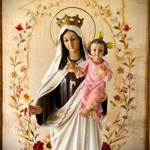 Antique Virgin Mary and baby Jesus Large statue, 72 cm, Our Lady of Mount Carmel statue, Catholic art, Catholic sculpture for home altar