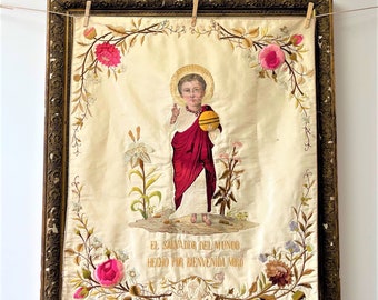 Rare Child Jesus Christ antique religios embroidery icon,  Handmade silk embroidery cristian tapestry, Stumpwork embroidery catholic artwork