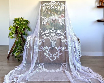 Vintage white art nouveau bedspread, Large rectangle Cotton lace tablecloth, Antique French crocheted filet lace curtain.