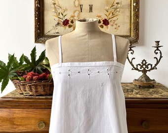RESERVED Antique French white cotton short chemise with straps, Vintage hand made cotton nightgown with monogram, Embroidered Summer Dress.