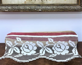 Antique french crocheted filet lace, Vintage lace trim, Wide cotton valance for curtain, 24 inches long.