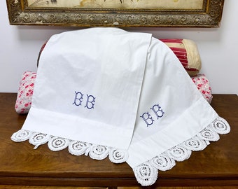 Large Antique French Pillow Case, White cotton pillow case with BB monogram and handwork crochet lace, French country Pillow sham.