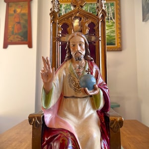 Große antike Jesus Christus-Statue, 60 cm, Sacred Heart Jesus Kreideskulptur, katholische Skulptur für Hausaltar, christliches Geschenk.