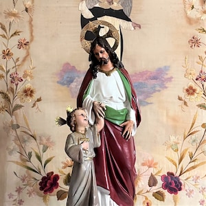 Antique Saint Joseph with child Jesus polychrome plaster figurine, Holy family statue, Christian art