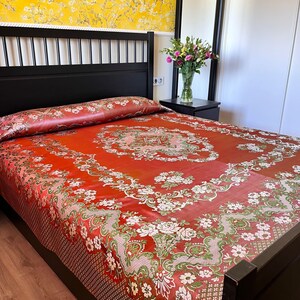 Burgundy Vintage silk twin bedspread/curtain, Antique brocade fabric bedspread, Antique fabric, Antique textile.