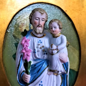 Antique Saint Joseph with child Jesus porcelain figurine, Holy family statue, Christian art.