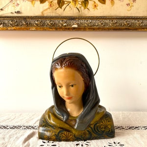 Antique catholic Virgin Mary statue, Virgin Mary plaster bust, Catholic sculpture for home altar.