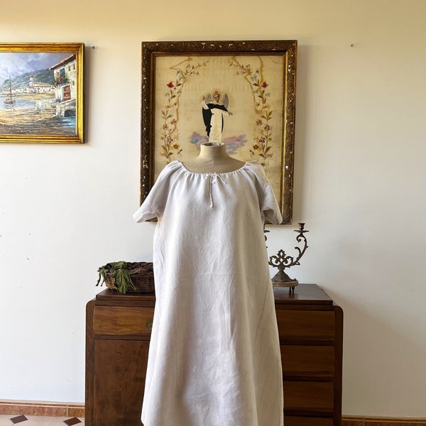 Antique French white linen long chemise with short sleeve for women, Vintage hand made linen nightgown, Night dress with monogram.