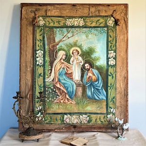 Antique Religious banner painted in oil on canvas, 1920s, Holy family, Jesus, Virgin Mary and Joseph, Wall hanging.