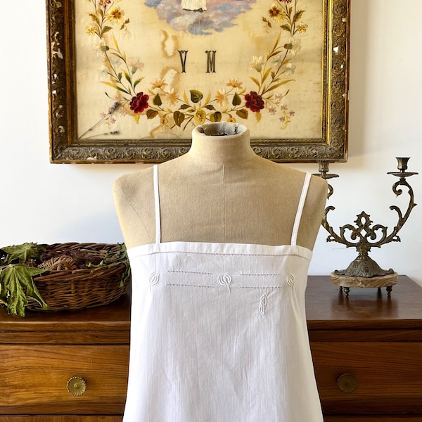 Antique French white cotton short chemise with straps, Vintage hand made cotton nightgown with monogram, Embroidered Summer Dress.