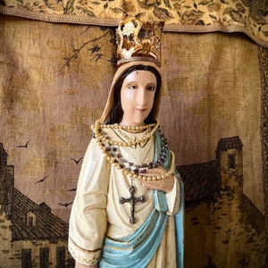 Large Antique Virgin Mary statue, 80 cm, Wooden Virgin Mary with brass crown, Catholic art, Catholic sculpture for home altar.